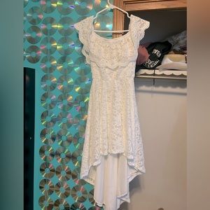White lace high low off the shoulder Windsor dress